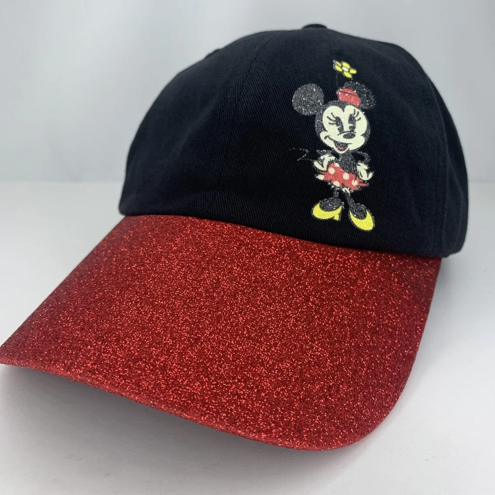 Disney Parks Minnie Mouse Youth Hat Coral Red Glitter Adjustable Ball Cap w Tag